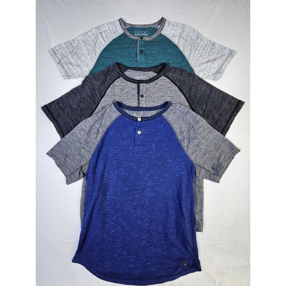 American Eagle Shirts Men's Sz Medium Blue Gray Green Henley Active Flex x 3